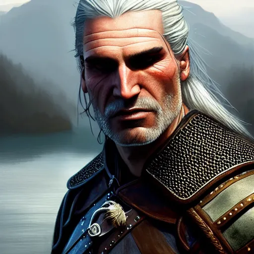 Prompt: geralt of rivia portrait, dramatic light, lake background, 2 0 0 mm focal length, painted by stanley lau, painted by greg rutkowski, painted by stanley artgerm, digital art, trending on artstation