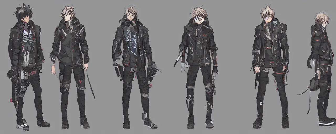 Prompt: a male anime cyberpunk hero protagonist wearing a heavy jacket, character concept exploration, outfit designs, lineart, trending on artstation