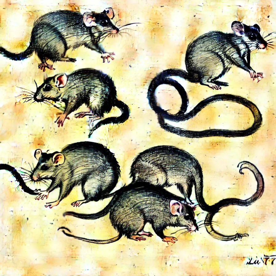 Prompt: Louis Icart, an old colored drawing of adorable little pet rats by Louis Icart, highly detailed, center weighed composition, masterpiece