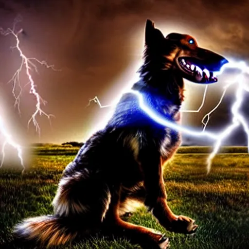 Image similar to a canine thor holding hammer with its paw, dramatic lightning background