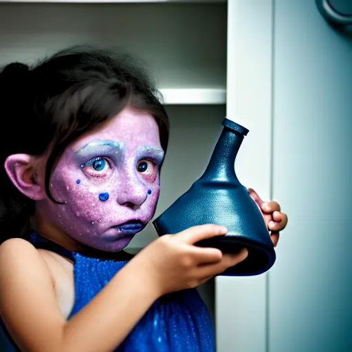 Image similar to a little blue-skinned girl with messy black hair sharp pointed ears freckles along the ridges of her cheeks in a pantry drinking from a leather flask, blue skinned dnd triton, high resolution film still, 4k, HDR colors