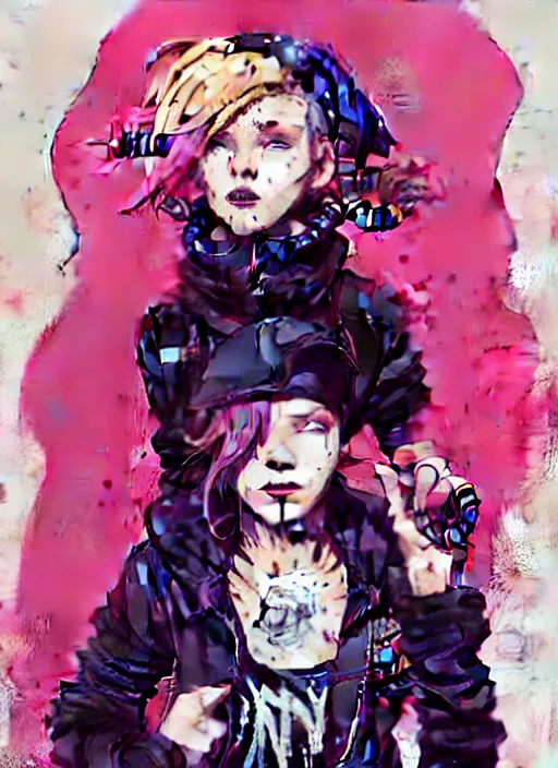 Image similar to highly detailed portrait of a sewer punk lady, tartan hoody, blonde ringlet hair by atey ghailan, by greg rutkowski, by greg tocchini, by james gilleard, by joe fenton, by kaethe butcher, gradient magenta, black, blonde cream and white color scheme, grunge aesthetic!!! ( ( graffiti tag wall background ) )