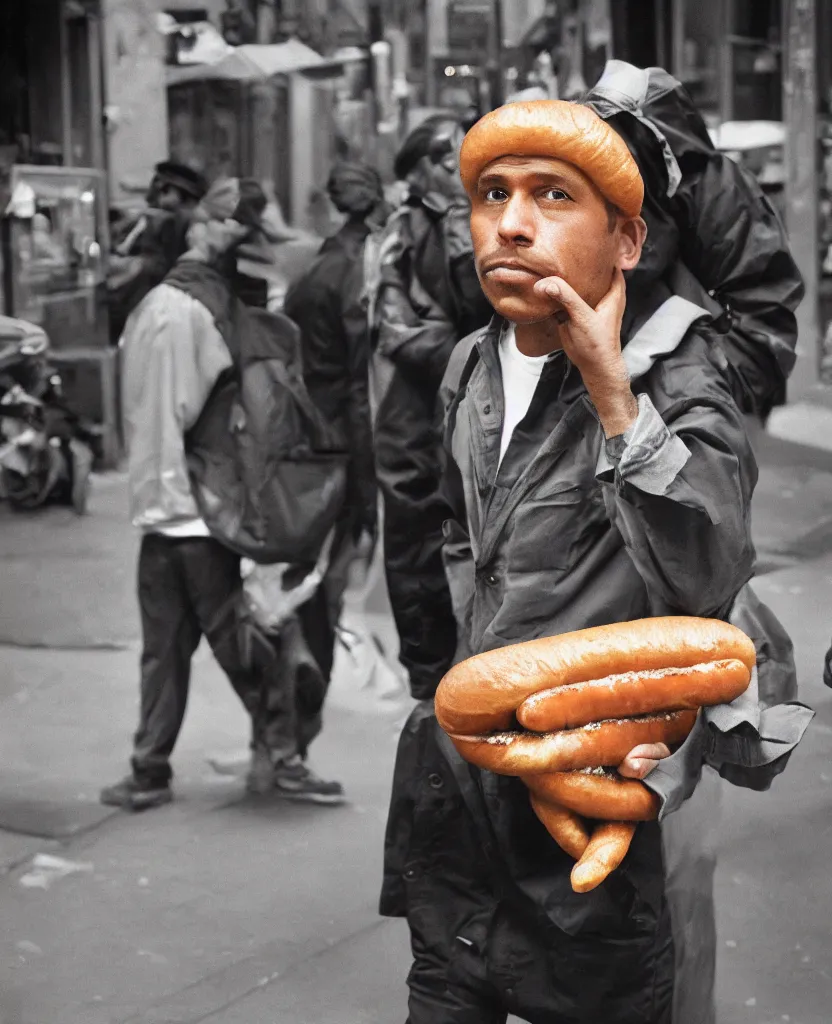 Image similar to closeup portrait of a man carrying a giant hotdog on his shoulder in a smoky new york back street, by Annie Leibovitz and Steve McCurry, natural light, detailed face, CANON Eos C300, ƒ1.8, 35mm, 8K, medium-format print