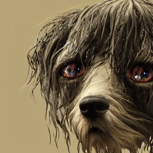 Prompt: a wet dog with very long fur which covers his eyes, concept art, trending on artstation 3D.