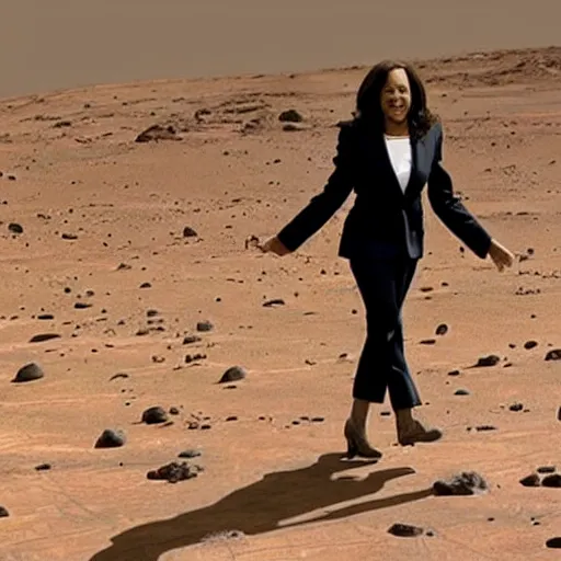 Prompt: photograph of Kamala Harris walking on Mars