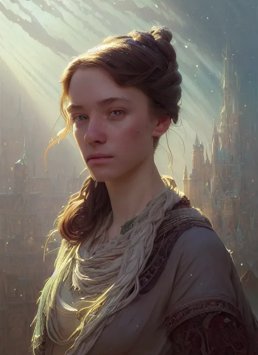 Image similar to highly detailed portrait of a potrait in a potrait, stephen bliss, unreal engine, fantasy art by greg rutkowski, loish, rhads, ferdinand knab, makoto shinkai and lois van baarle, ilya kuvshinov, rossdraws, tom bagshaw, alphonse mucha, global illumination, radiant light, detailed and intricate environment