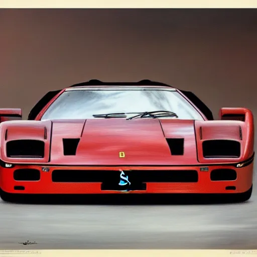 Image similar to ultra realistic portrait painting of a ferrari f 4 0, art by frank frazetta, 4 k, ultra realistic, highly detailed, epic lighting