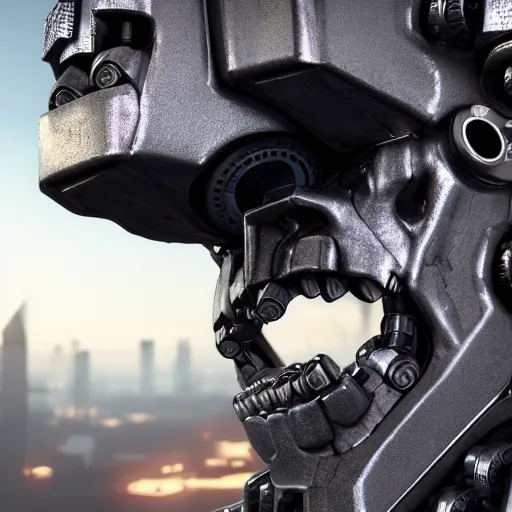 Image similar to closeup on the head of a terminator with borg enhancements, cameras for eyes, open head and all components and gears are visible inside, ultra detailed 8k. There is a dystopian city in the background. Rendered with unreal 5 engine with ray tracing and tessellation