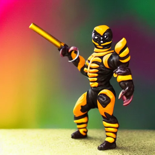 Image similar to scorpion from mortal kombat video game made of clay, drinking yerba mate with metal straw. intricate, colorfull, bokeh, cute, chibi, hyper detailed, trending on artstation.