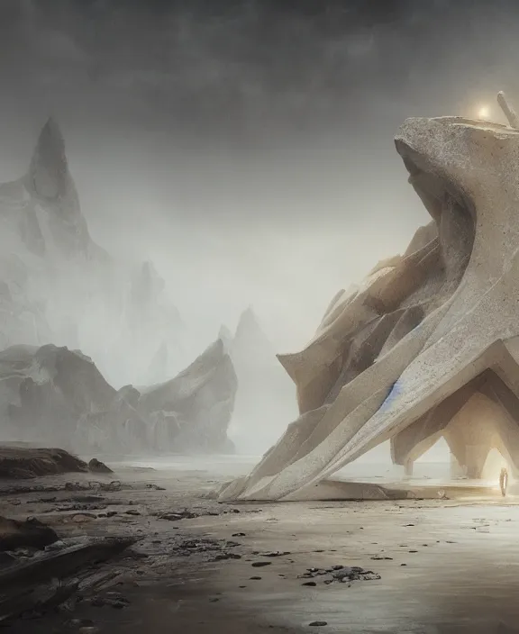 Prompt: surreal epic, masterpiece, romantic white exploration base, ancient ochre palette, impossible architecture by ruan jia, mecha floor, futuristic, blame, white architecture in the beach in iceland, foggy, highly detailed, digital painting, arstation, concept art, hyperealistic octane render, unreal engine