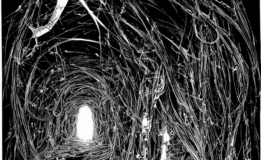 Image similar to light at the end of the tunnel by tsutomu nihei, inked, minute details, desolation, hyper realistic, cosmic horror, biomechanical, beautiful