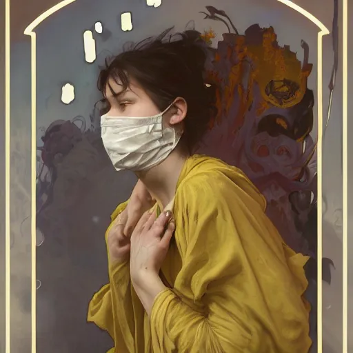 Image similar to Person in tattered yellow wizard robes, wearing a expressionless porcelain mask, Fantasy, 4k, alphonse mucha, Adolfo Hohenstein, Alice Russell Glenny, Stanley Artgerm Lau, greg rutkowski, detailed 4k horror artwork, trending on artstation, smooth, sharp focus