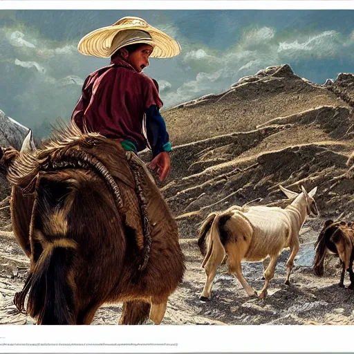 Prompt: a young boy kurdish shephard riding a donkey herding cows in the kurdish mountains art by martin ansin, highly detailed, 8 k, high resolution, award winning art, incredibly intricate