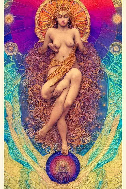 Image similar to beautiful goddess of space and dreams, mandala, coherent design, symmetrical, vivid colors, digital watercolor ink illustration painting, complementary color, golden ratio, detailed, sharp lines, sharp focus, intricate, rainbowshift, artgerm, gustave dore, maxfield parrish, alphonse mucha, octane render