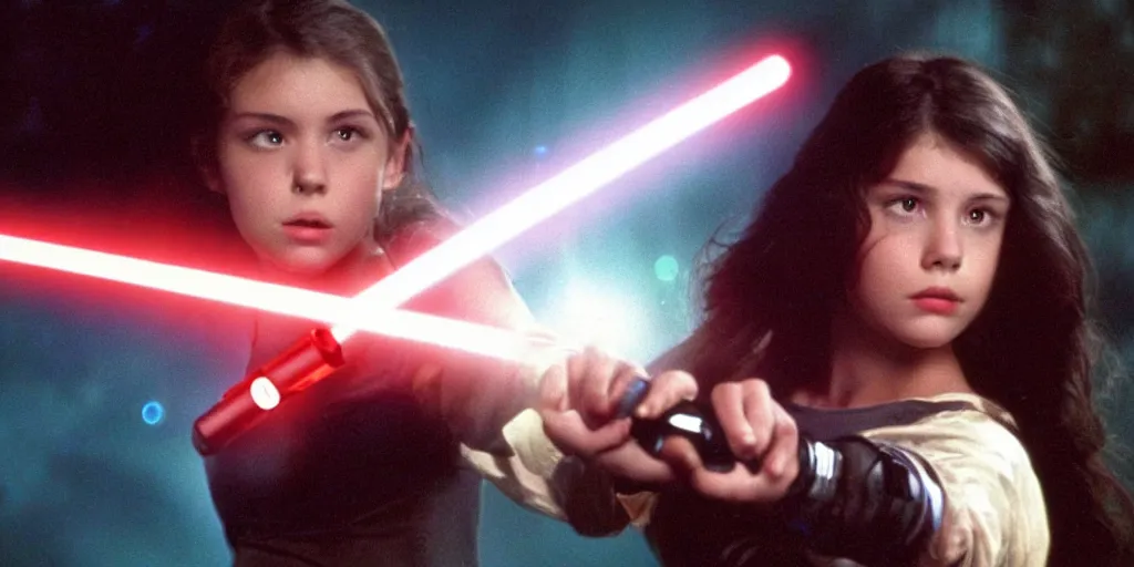 Prompt: a full color still of a teen brunette girl holding a lightsaber with a sci-fi battle in the background, cinematic lighting, 1999, directed by Steven Spielberg, 35mm