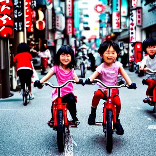 Prompt: tiny cute red dragons riding a bike in the streets of tokyo