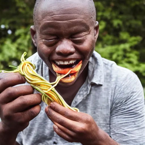 Prompt: a man eating snakes like noodles