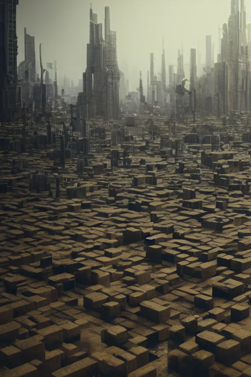 Image similar to A dystopian future in a city made of life-size Jenga blocks, evil, demonic, angelic, environment concept, Rendered in Octane, trending on artstation, cgsociety, moody lighting rendered by octane engine, environment 8K artstation, cinematic lighting, intricate details, 4k detail post processing, hyperealistic, octane render, photo realism