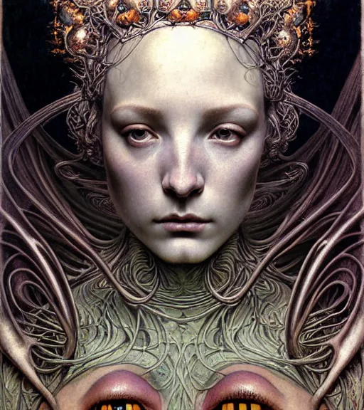 Image similar to detailed realistic beautiful young medieval alien queen face portrait by jean delville, gustave dore and marco mazzoni, art nouveau, symbolist, visionary, gothic, pre - raphaelite. horizontal symmetry by zdzisław beksinski, iris van herpen, raymond swanland and alphonse mucha. highly detailed, hyper - real, beautiful