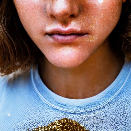 Image similar to a candid portrait of a brunette female, young, athletic, australian, pixellated face, wearing a gold tshirt in a kitchen, closeup