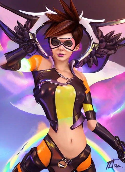 Image similar to portrait digital artwork of tracer overwatch, wearing iridescent rainbow latex and leather straps catsuit outfit, in style of mark arian, angel wings, dramatic painting, wearing detailed leather collar, chains, black leather harness, detailed face and eyes,