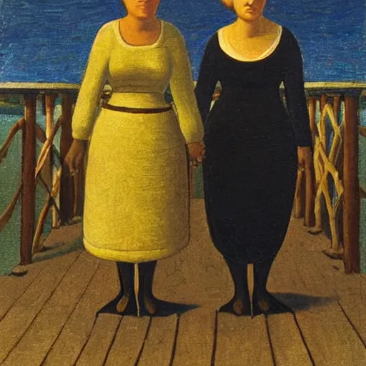 Image similar to two women!!! holding hands! on a pier! next to the ocean!! looking at the camera! by grant wood!-H 768