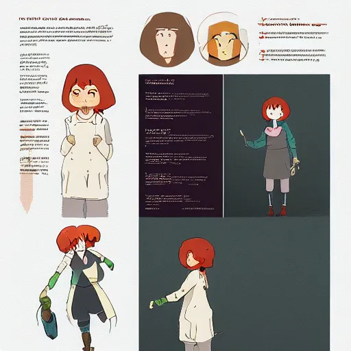 Image similar to character sheet for a ginger mage woman, atey ghailan, goro fujita, studio ghibli, rim light, sharp lighting, clear focus, very coherent,