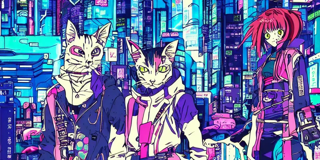 Image similar to a cyberpunk cat. 9 0 s. japan anime style.