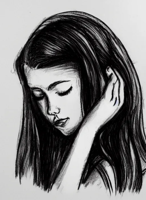 Image similar to high quality sketch of a girl supporting her head with her hands. close up