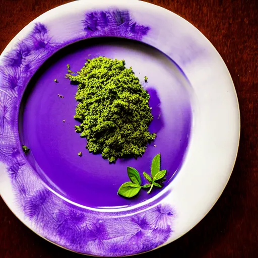 Prompt: a salvia divinorum plant served at a fancy restaraunt on a fancy plate, gorgeous depth of field proffessional food photography