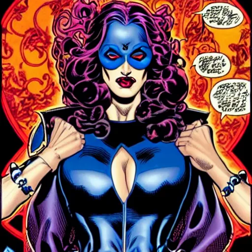 Image similar to George Perez comic art, wide shot, stunning elegant female Eva Green, Indigo Magician, beautiful evil sneer, symmetrical face, symmetrical eyes, leather clothing and boots, long straight red hair, full body, Indigo occult pattern