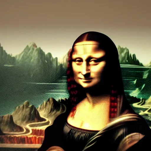 Image similar to a highly detailed 3 d rendering in unreal engine on ps 5 of the mona lisa dressed as the cyborg ninja from metal gear solid