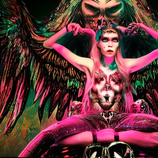 Image similar to a highly detailed symmetric wide shot of Grimes as a fallen angel, sitting in a large glittery hell simulation with skulls and neon computer code