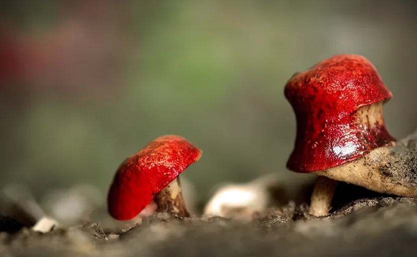 Image similar to a photography of a mushroom dripping blood, photorealistic, terriying, insects flying, 2 4 mm, f 1 4