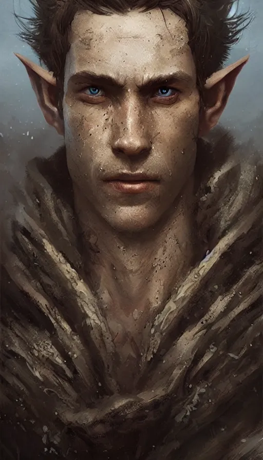 Prompt: Portrait of a rugged elf, male, detailed face, fantasy, highly detailed, cinematic lighting, digital art painting by greg rutkowski