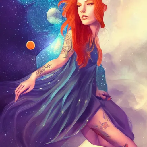 Prompt: a full body portrait of a beautiful tattooed redhead woman sitting, with a gun, a planet in the background. blue tight dress, light iridescent color, long windy hair style, fantasy, realistic, intricate, sharp focus, lens flare, bloom, rim light, illustration, highly detailed, digital painting, concept art, matte, art by ruan jia