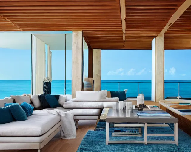 Prompt: A modern living room in a ocean hues style, inspired by the ocean, big Terrace overlooking the ocean, luxurious wooden coffee table, calm, relaxed style, harmony, wide angle shot, 8k resolution