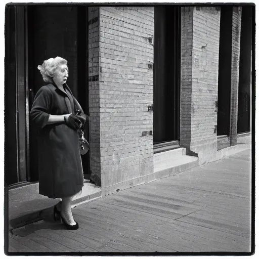 Prompt: analog fine art street photography of a middle age woman by vivien maier, chicago. 1 9 5 8. american street photography style. candid. flimic. rolleiflex 3. 5 f. asymmetrical balance. in - frame