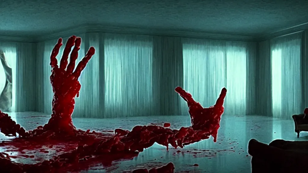 Prompt: a giant hand made of blood and ice floats through the living room, film still from the movie directed by Denis Villeneuve with art direction by Salvador Dalí, wide lens