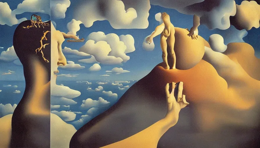 Image similar to parallel universe between forbidden knowledge and maddening strangeness by salvadore dali and rene magritte, extremely high detail, 8 k