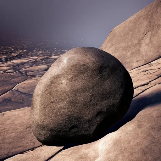 Image similar to a large boulder rock with a metallic finish is embedded in a circular matte black industsrial stage in the center of a dark space, a ring of overhead lights cast onto the rock and it throws caustic reflections into space, low misty atmosphere, hyper realistic image in the style of jeremy geddes but photo real, dark black space, 8k octane render