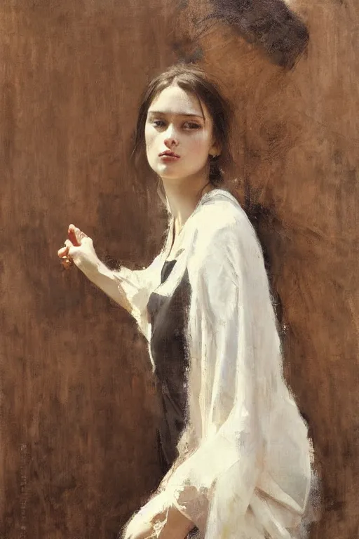 Image similar to Richard Schmid and Jeremy Lipking and Antonio Rotta full length portrait painting of a young beautiful priestess woman