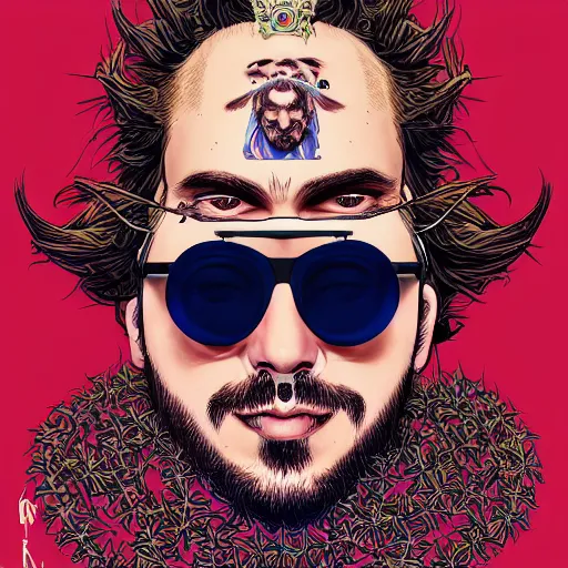 Prompt: portrait of post malone with round digital sunglasses, vampire, thorns crown, symmetrical, by yoichi hatakenaka, masamune shirow, josan gonzales and dan mumford, ayami kojima, takato yamamoto, barclay shaw, karol bak, yukito kishiro