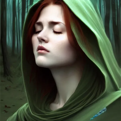 Image similar to wide angle, cloaked woman, white green brown blue color palette, eyes closed, forest, female, d & d, fantasy, intricate, elegant, highly detailed, long red hair, digital painting, artstation, octane render, concept art, matte, sharp focus, illustration, hearthstone, art by artgerm, alphonse mucha johannes voss