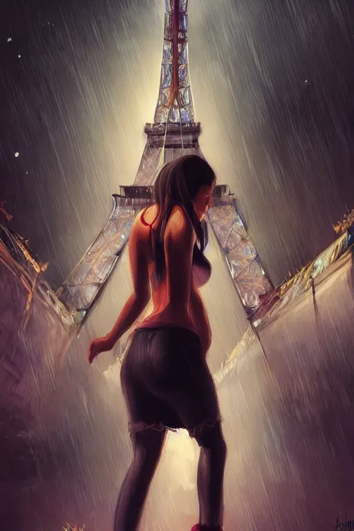 Prompt: hispanic female teen climbing the Eiffel Tower at night, downpour, action scene, artstation, concept art, smooth, sharp focus, art by artgerm