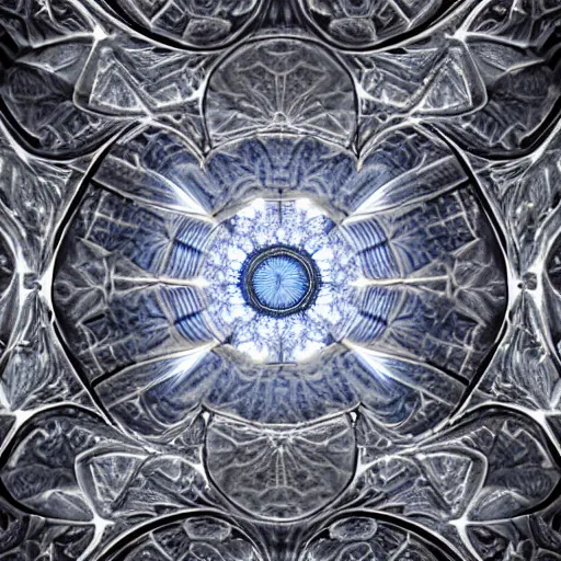 Image similar to a hyperrealistic 3 d render of a huge sprawling fractal cathedral interior populated by mandelbrot fractals by android jones, unreal engine, carved soap, white color scheme, volumetric lighting, octane render, dramatic lighting, glowing, carved marble, opalescent, carved wood, sacred geometry, religious, angelic, catholicpunk, stark, 8 k, ultra detailed