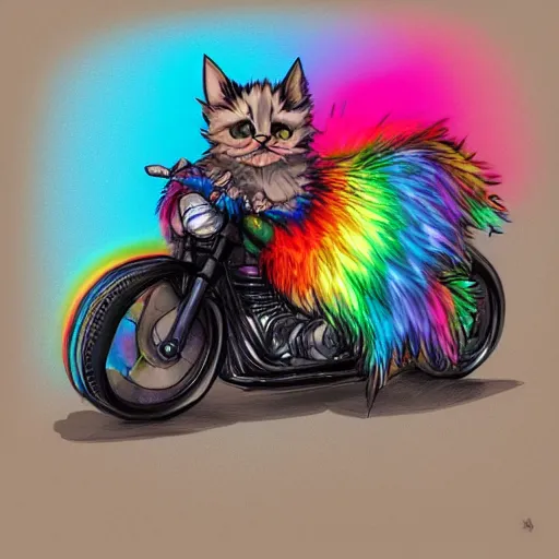 Image similar to wide angle full body, of a fluffy cute rainbow kitten wearing a black leather motorcycle jacket, concept art