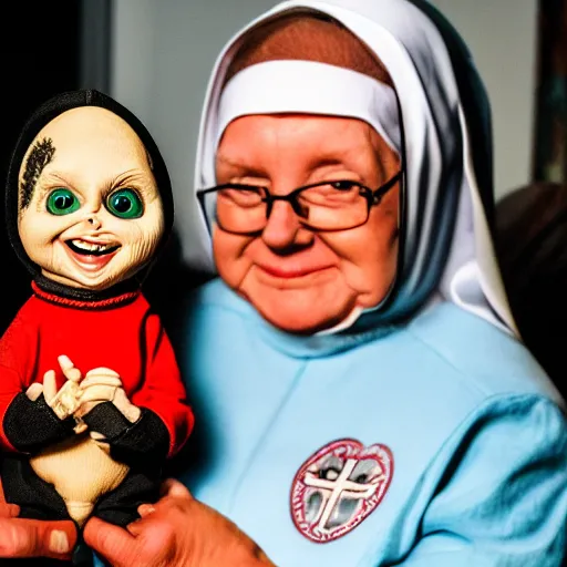 Image similar to a nun in church holding chucky the killer doll on her lap