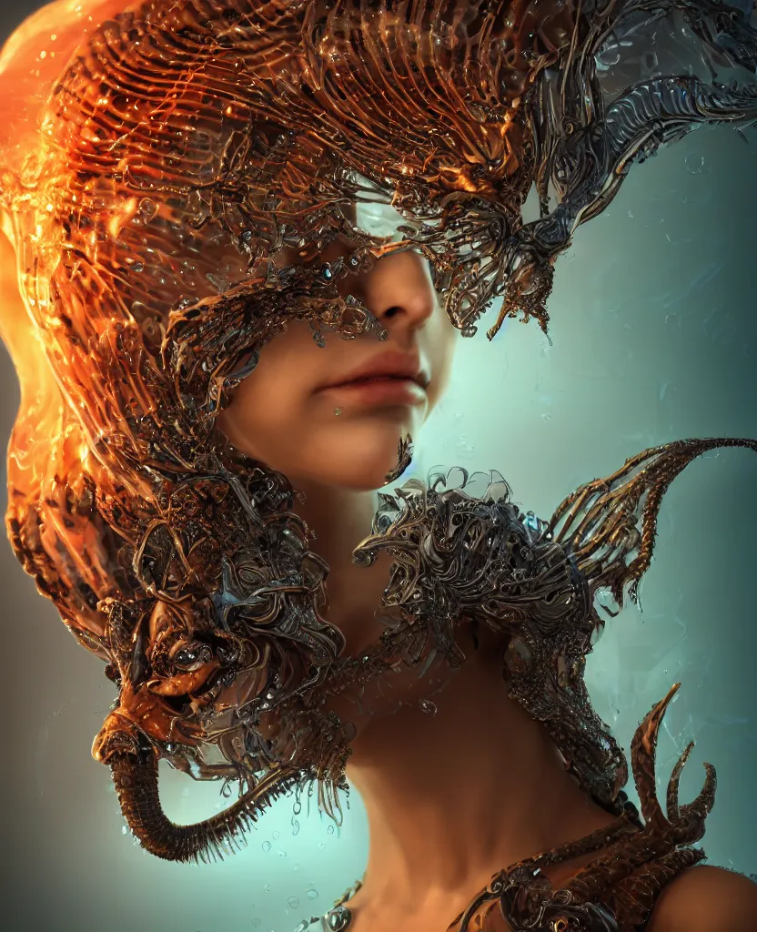 Image similar to close-up macro portrait of the face of a beautiful princess with animal skull mask, epic angle and pose, symmetrical artwork, 3d with depth of field, blurred background, cybernetic jellyfish female face skull phoenix bird, translucent, nautilus, energy flows of water and fire. a highly detailed epic cinematic concept art CG render. made in Maya, Blender and Photoshop, octane render, excellent composition, cinematic dystopian brutalist atmosphere, dynamic dramatic cinematic lighting, aesthetic, very inspirational, arthouse. y Greg Rutkowski, Ilya Kuvshinov, WLOP, Stanley Artgerm Lau, Ruan Jia and Fenghua Zhong