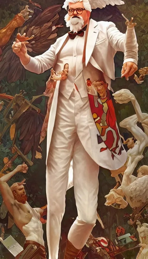 Prompt: a full body portrait of colonel sanders the greek god!! explaining, background of rednecks, extremely beautiful, anatomically accurate, by artgerm and by greg rutkowski and by alphonse mucha and by simon bisley, radiant light, detailed and intricate environment,